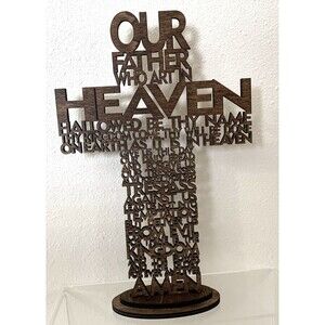 Handcrafted Lord's Prayer Wooden Cross 10.5"x7" Removable Base Stand or Hang
